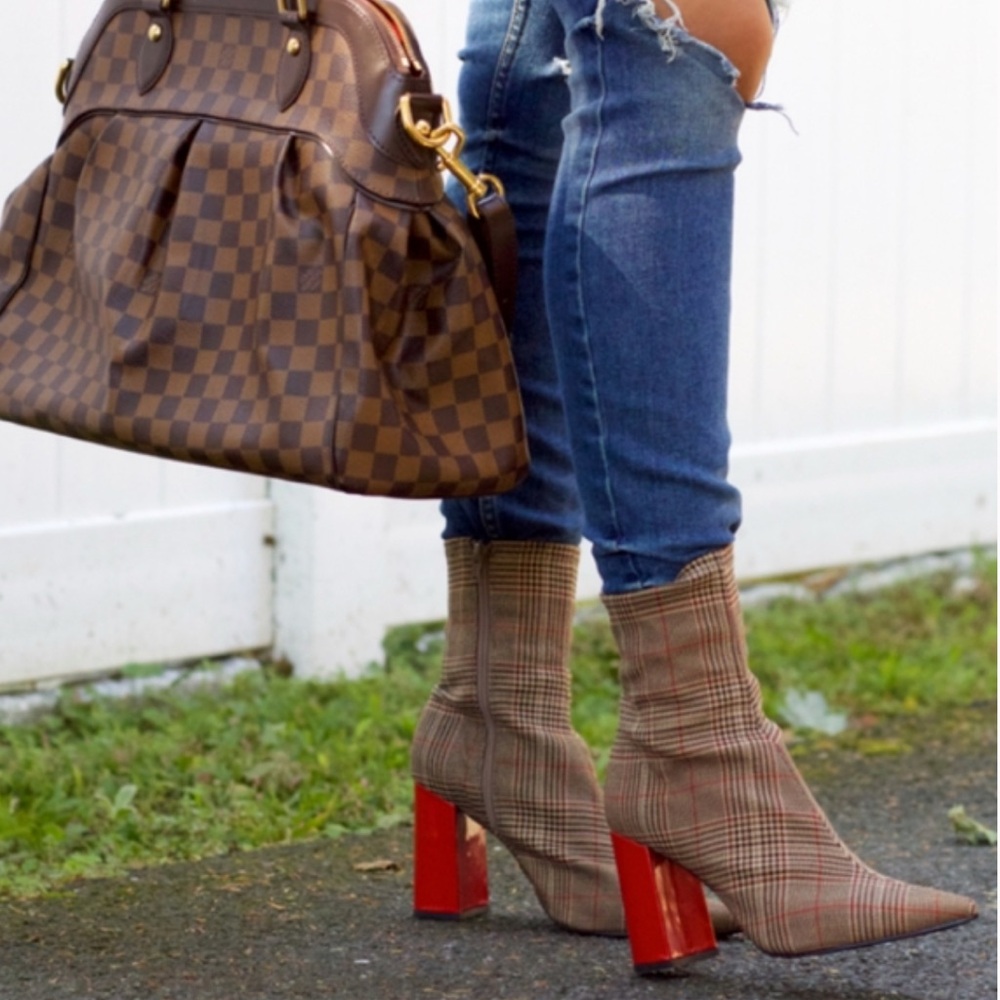 Jeffrey Campbell Plaid Sock Ankle Boots with Red Block Heels